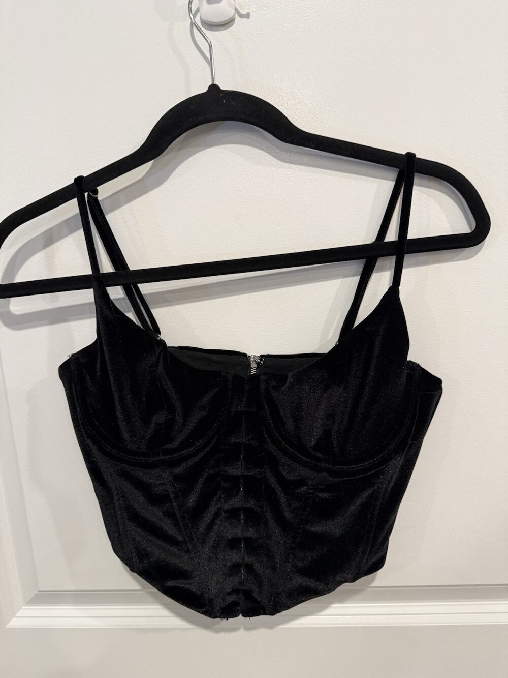 WHITE FOX Black Corset Velour Top with Zipper and Adjustable Straps Size Small